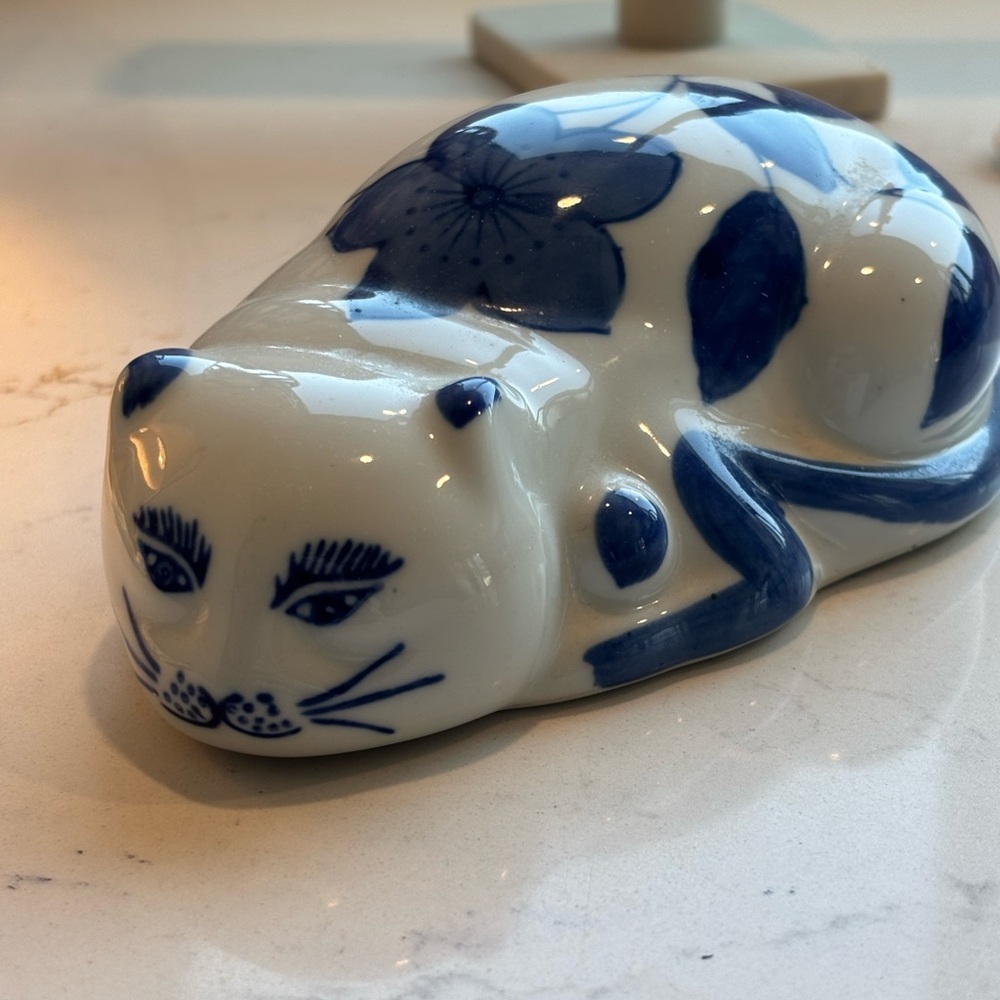 Blue and White Ceramic Cat Figurine